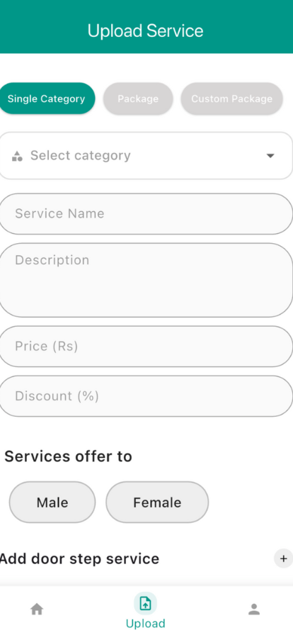 Beautify salon service setup screen for selecting a category and entering service details.
