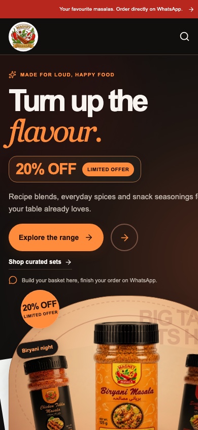 Magnet Masala mobile storefront homepage captured at 390 by 844 pixels.