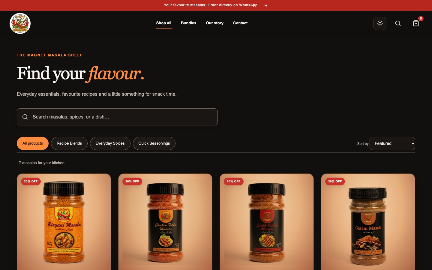 Magnet Masala desktop catalog showing product categories and spice product cards.